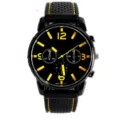 Herren Sport Quarz Uhr mit gelben Zahlen, drei Chronographen und perforiertem schwarzem Armband. - Gelb