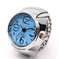 Silver ring watch with blue dial and large numbers, stylish elastic quartz fashion jewelry. - Blue