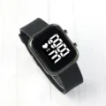 Details of the black square LED digital electronic watch with comfortable silicone strap. - Black Case Black Strap