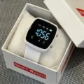 White square LED digital sports watch for students, versatile electronic timepiece. - White