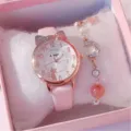 Orologio rosa con orecchie di gatto e bracciale stella per ragazze dolci e studentesse. - Orologio Singolo Cinturino Rosa