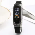 Montre numérique LED de mode avec bracelet en maille milanaise magnétique et écran arc-en-ciel. - Noir