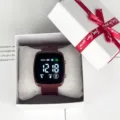 Wine red square LED digital watch with gift box, stylish student sports electronic watch. - Coffee