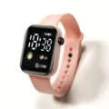Pink LED digital watch for students, minimalist square electronic watch with silicone strap. - Earth Style - Pink