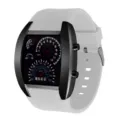 Herren LED Digitaluhr mit Rennsport-Armaturenbrett-Zifferblatt und weißem Silikonarmband. - Schwarzes Gehäuse Weißes Armband