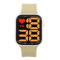 Minimalistische quadratische Elektronikuhr mit orangefarbenem LED-Display und Silikonarmband. - Beiges Band Gelbes Licht