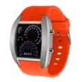 Orange LED Fliegeruhr mit Tacho-Zifferblatt und Silikonarmband fur Herren Variante. - Silbernes Gehäuse Oranges Armband