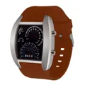 Luftfahrt LED Elektronikuhr mit Tachometer Zifferblatt und braunem Silikonarmband. - Silbernes Gehäuse Kaffee Armband
