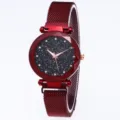 Damen Quarzuhr mit Sternenhimmel Zifferblatt und magnetischem Mesh Armband stilvolle Mode Uhr. - Rot