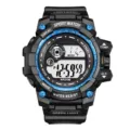 Multifunctional men's digital sports watch with durable black resin strap and waterproof design. - Blue