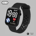 Black digital LED sports watch with square dial and hollow strap for students - Classic Black