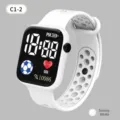 Detailed view of the digital LED sports watch with breathable strap and clear display screen. - Snowy White