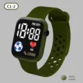 Army green LED digital sports watch with hollow strap, square dial, waterproof student watch. - Army Green