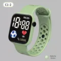 Detailed view of the square LED digital sports watch with breathable green silicone strap. - Matcha Green