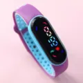 Colorful LED digital sports watch for kids, waterproof touch bracelet with dual-color strap. - Purple Blue Plaid