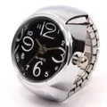 Silver vintage ring watch with black dial and large white numbers, stretch band quartz. - Black