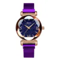 Women's rose gold starry sky watch with purple magnetic mesh strap fashion quartz timepiece - Bright Purple
