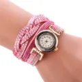 Damen Mode Strass Wickel Quarz Uhr rosa Lederarmband glitzernde Kristall Armbanduhr - Rosa