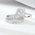 Cushion cut cubic zirconia bridal ring set detail, sparkling silver wedding bands. - Size 5 / Platinum 3-Piece Set