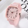 Rosa quadratische Quarzuhr für Teenager, stilvolle minimalistische Silikon Armbanduhr. - Rosa
