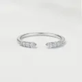 Detailed shot of open silver ring featuring sparkling graduated moissanite stones on both ends. - Size 10 / Open Side Ring Platinum Gold Color