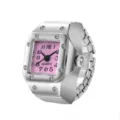 Detailed close-up of the square dial pink quartz ring watch featuring clear numeric markers. - Small Square Pink Dial