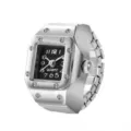 Silver tone stainless steel square dial quartz ring watch with stretch band for daily wear. - Square Style / Small Square Black Dial