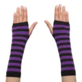 Gotisch Punk schwarz lila gestreifte fingerlose Handschuhe Armstulpen für Halloween Party. - Lila gestreifte Handschuhe in OPP-Verpackung