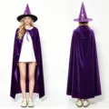 Capa de bruja de Halloween de terciopelo morado y sombrero de mago a juego para fiestas. - Púrpura Con Sombrero