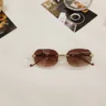 Detail shot of chic rimless gradient sunglasses featuring luxury snake head metal temples. - Brown