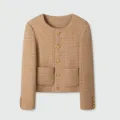 Dames chique hals tweed jas korte wolmix jas met gouden knopen enkele rij knopen - S / Tops / Khaki tweed