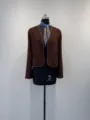 Brown collarless short jacket with leather trim and silk scarf for women autumn daily commute. - S (Loose Fit Under 52.5kg) / Tops / Coffee