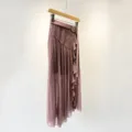 Dusty pink high waist pleated midi skort featuring romantic ruffles and metal ring buckle. - M / Fog Purple