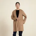 Women's camel hooded wool coat, elegant winter outerwear with comfortable fit and warm fabric. - L/38 / Camel