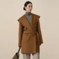 Women's camel hooded wool wrap coat with belt, elegant winter outerwear for ladies. - M/36 / Caramel color