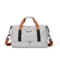 Bolsa de viaje deportiva gris con correas marrones, gran bolsa de deporte espaciosa. - Gris