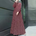 Detailed view of the women's long-sleeve round-neck printed retro maxi dress in burgundy. - S / Dark Blue