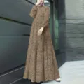 Detailed view of the elegant long-sleeve maxi dress featuring a vintage leopard print design. - S / Camel