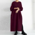 Long sleeve sweatshirt maxi dress in wine red, loose fit casual long dress for women. - S / Burgundy