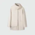 Women's elegant beige wool blend coat featuring integrated scarf collar and warm winter fit. - M / Mixed Beige