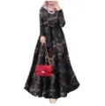 Retro botanical print long sleeve plus size maxi dress for women elegant casual wear - S / Navy Blue
