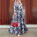 Vintage blue and white printed loose plus-size long sleeve maxi dress for women. - S / Aqua