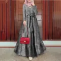 New cross-border O-neck plaid pullover full-sleeve loose maxi dress with stylish belt - S / Black