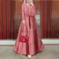Red and white checkered long sleeve tiered maxi dress with matching waist belt for women - S / Red