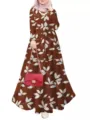 Floral leaf printed long sleeve maxi dress with belt, elegant casual Muslim women wear. - S / Brown