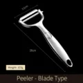 Stainless steel peeler detail showing precise dimensions and blade width for kitchen use. - Flat Blade Bare Packaging