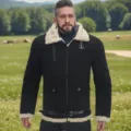 Men winter warm thick suede shearling jacket outdoor detail view comfortable apparel style - S / Tops / Black