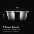 Stainless steel colander and mixing basin with draining holes, 26cm diameter, durable kitchen tool. - Model E Colander 3.8L (26cm)