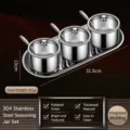 304 stainless steel seasoning jar set with 3 containers, lids, spoons and storage tray. - Straight 3-Piece Seasoning Jar Set with 3 Spoons and 1 Base