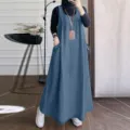 Casual denim overall dress with long sleeves, loose retro long skirt in blue variant. - S / Blue